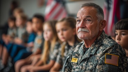 A veteran in military attire sits attentively among children dressed in military-style outfits, with flags in the background, reflecting a moment of honor and remembrance