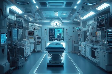 Fototapeta premium hightech medical equipment and devices arranged in a modern operating room showcasing the intersection of technology and healthcare in a sterile environment