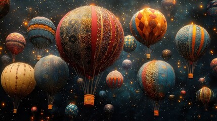 A whimsical scene with a large group of colorful hot air balloons floating in a starry sky.