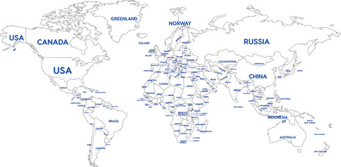Outline World Map with Major Country Labels