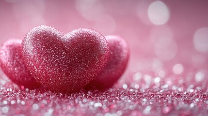 Obraz premium Two Glittering Hearts Resting on a Bed of Shimmering Pink Bubbles