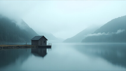 Fototapeta premium Small cabin sits on a dock by a lake