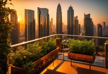 Fototapeta premium breathtaking view dynamic city skyline captured from balcony high rise hotel, cityscape, design, elevation, viewpoint, horizon, architecture, skyscraper