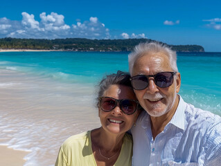 Kiss, love and elderly couple on beach together for holiday bonding, retirement or vacation. Anniversary, romance or smile with senior man and woman on tropical island coast for peace or travel 