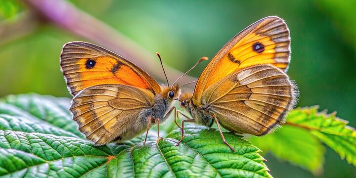 Gatekeeper butterflies Pyronia tithonus mating on raspberry leaf with tilted angle