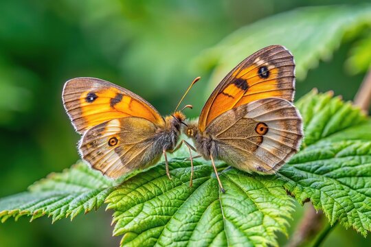 Gatekeeper butterflies pyronia tithonus mating on raspberry leaf