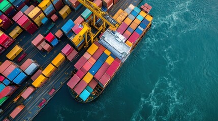 Fototapeta premium An aerial view of a large cargo ship docked at a port, with colorful shipping containers stacked high.