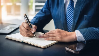 Professional man writing notes in a notebook at his desk.
