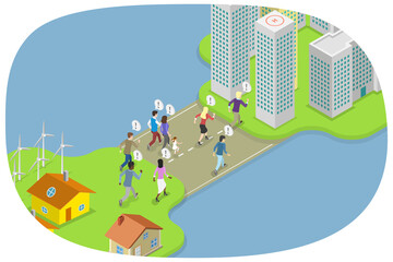 3D Isometric Flat  Illustration of Rural To Urban Migration, Population Growth and Urbanization