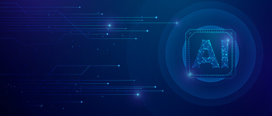 Obraz premium Dots and lines technology with artificial intelligence logo, on abstract blue background