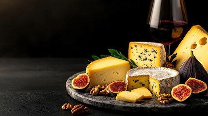 Selection of artisan cheeses displayed on a marble platter, with figs, nuts, and a glass of red wine, sharp detail on the cheeses with a dark, moody background