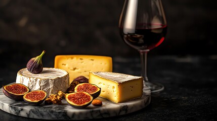Selection of artisan cheeses displayed on a marble platter, with figs, nuts, and a glass of red wine, sharp detail on the cheeses with a dark, moody background