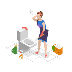 3D Isometric Flat  Illustration of Relentless Housework, Housewife Cleaning Toilet