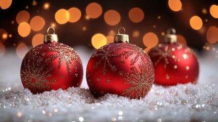 Three red Christmas ornaments with golden snowflake designs rest on a bed of sparkling white snow, illuminated by a warm, blurry background of twinkling lights