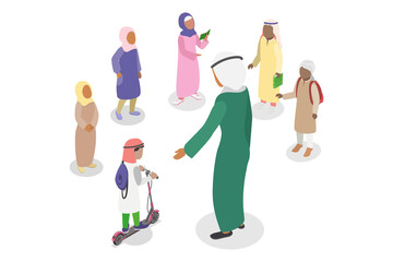 Obraz premium 3D Isometric Flat Illustration of Muslim Schoolchildren , School Teacher and Students