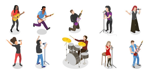 3D Isometric Flat  Illustration of Rock Musicians, Young Artists Playing Music Instruments