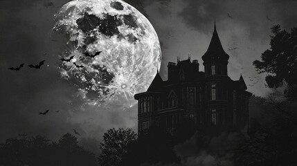 spooky mansion silhouette against a full moon, creating an eerie atmosphere with bats flying in the night sky.