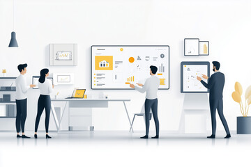 Fototapeta premium Team of professionals collaborating on data analytics presentation in a modern office environment with large digital screens displaying graphs and statistics