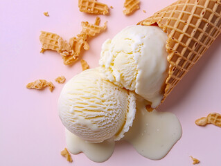 Melted ice cream and wafer cone on light pink background 
