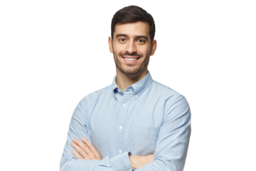 Modern businessman in blue shirt standing with arms crossed