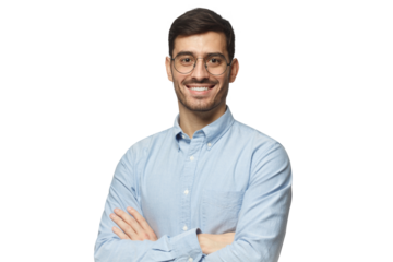 Modern businessman in blue shirt standing with arms crossed