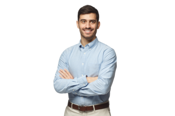 Modern businessman in blue shirt standing with crossed arms
