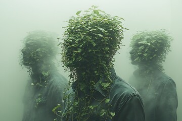 People with faces obscured by lush green plants stand in a foggy landscape.