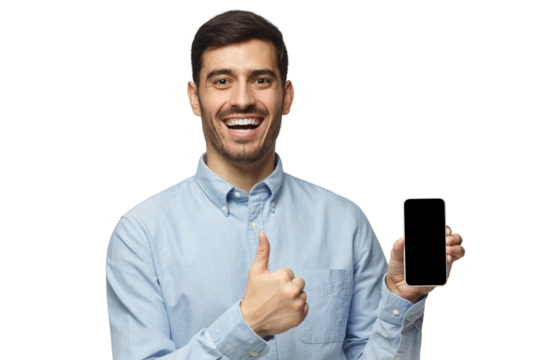 Laughing businessman holding blank phone, smiling at camera, showing thubms up gesture
