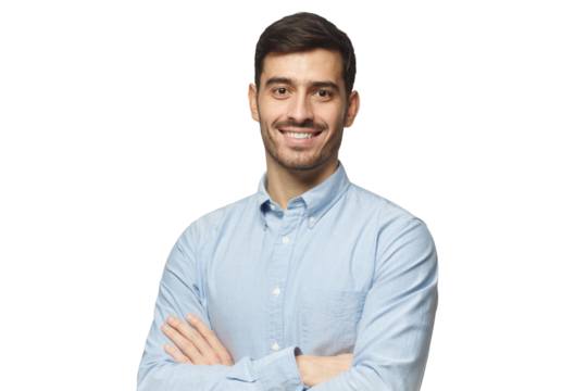 Modern businessman in blue shirt standing with arms crossed