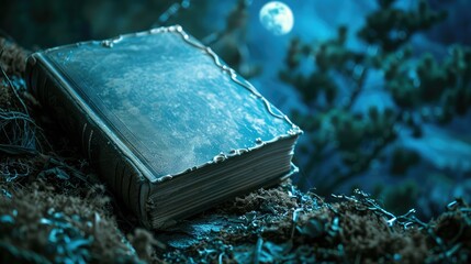 ancient book rests in a mystical forest under the moonlight, surrounded by nature's beauty and tranquility.