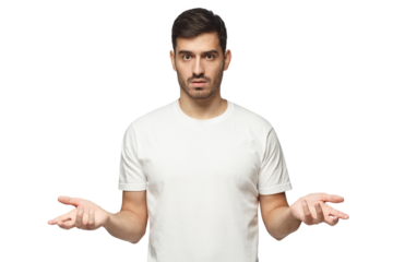 European Caucasian man spreading hands not knowing what to do, isolated on gray background