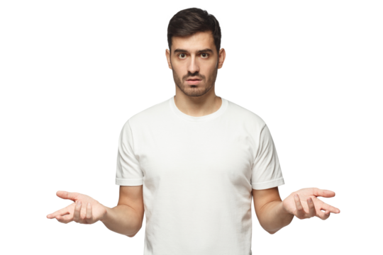 European Caucasian man spreading hands not knowing what to do, isolated on gray background