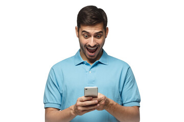 Excited man looking at his phone with surprise expression