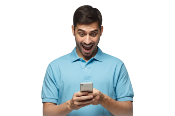 Excited man looking at his phone with surprise expression