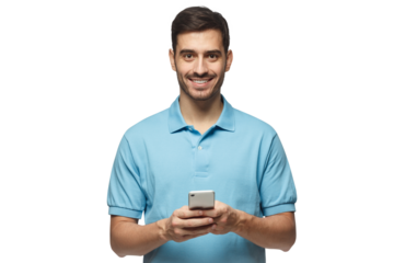 Young smiling man standing looking at camera, holding phone with both hands