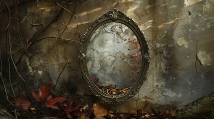 Fototapeta premium antique mirror reflects a haunting scene, surrounded by decay and fallen leaves, evoking mystery and nostalgia.