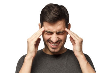 Headache concept. Young man showing how much his head hurts, experiencing pain