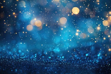 Magic blue holiday abstract glitter background with blinking stars. Blurred bokeh of Christmas lights