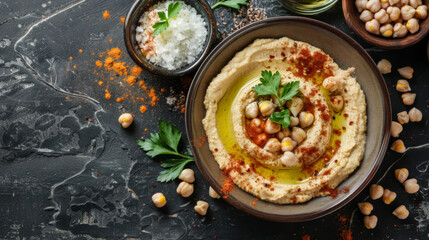 Traditional hummus with olive oil, parsley, and chickpeas.
