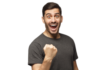 Young excited man celebrating win of his team, raised fist in victory gesture