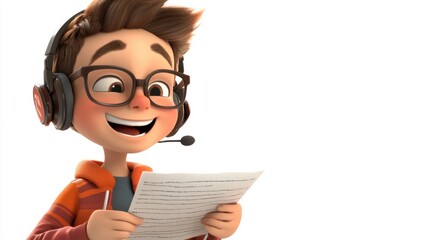 Adorable cartoon voice actor with a headset, reading a script and recording, isolated on white