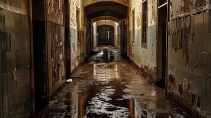Fototapeta premium eerie hallway in an abandoned building, with peeling walls and a damp floor, evoking a sense of mystery and neglect.