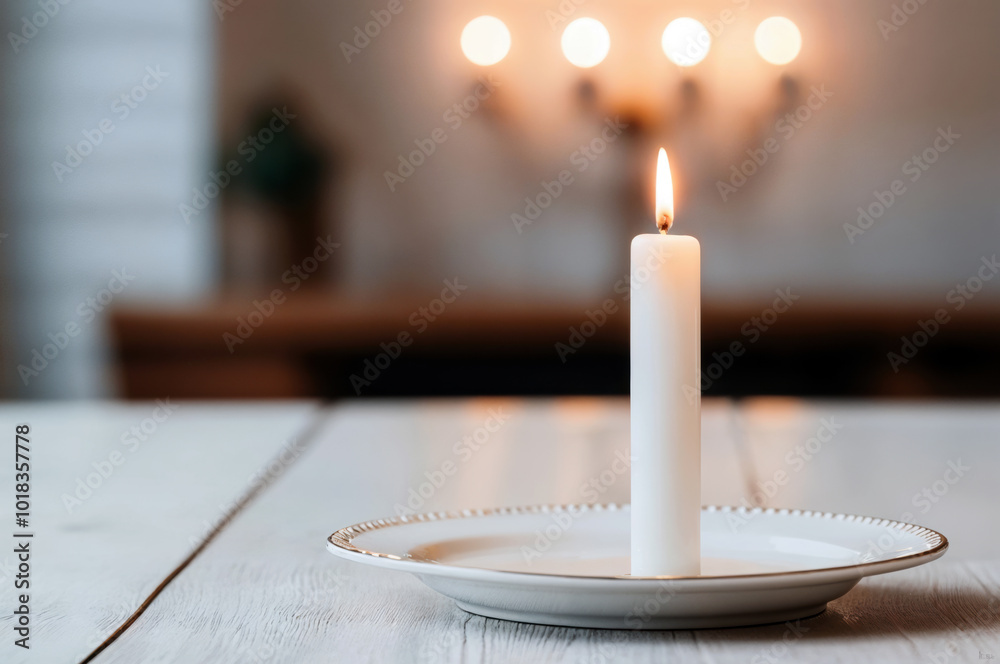 Poster burning candle standing on a plate on an empty table