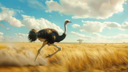 Majestic Ostrich Running Across Golden African Grassland