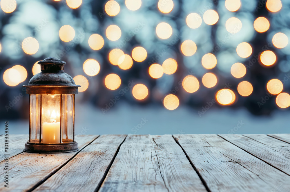 Poster Lantern standing on empty wooden table with lights in the background