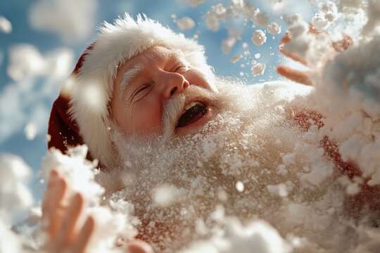 Santa Claus is enveloped in snow, laughing heartily, capturing the effortless enchantment and joy of the holiday season with his hallmark red suit and cheerful demeanor.