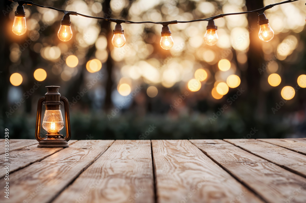 Poster empty wooden table illuminating by string lights in a garden
