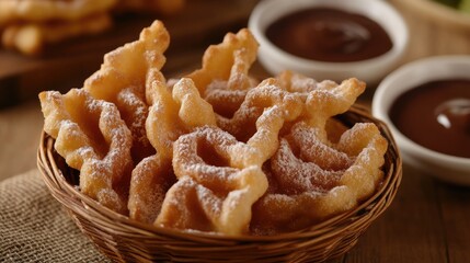 A basket of crunchy fried dough fritters dusted with powdered sugar, served with a side of chocolate sauce for dipping