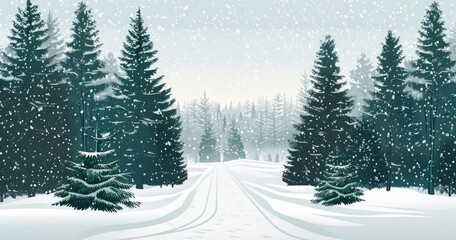 Fototapeta premium Snowy winter forest road illustration with pine trees