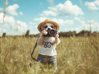 Dog taking pictures in the field. generative AI